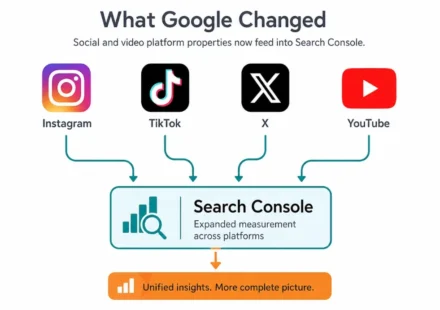 Google Search Console graphic showing Instagram, TikTok, X and YouTube insights and metrics with new data.