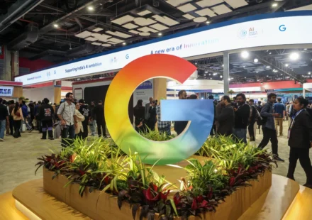 Google AI summit booth showcasing Google logo and education technology innovation exhibition floor.