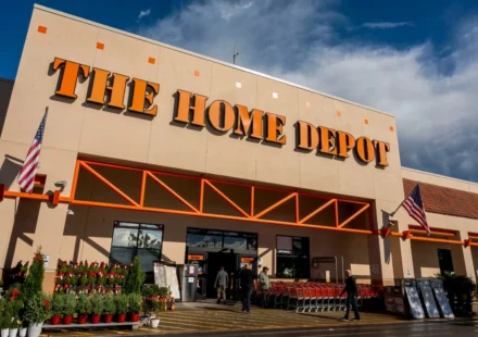 Home Depot store exterior with orange signage, American flags, shoppers and carts under a cloudy sky.