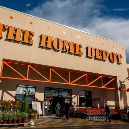 Home Depot store exterior with orange signage, American flags, shoppers and carts under a cloudy sky.