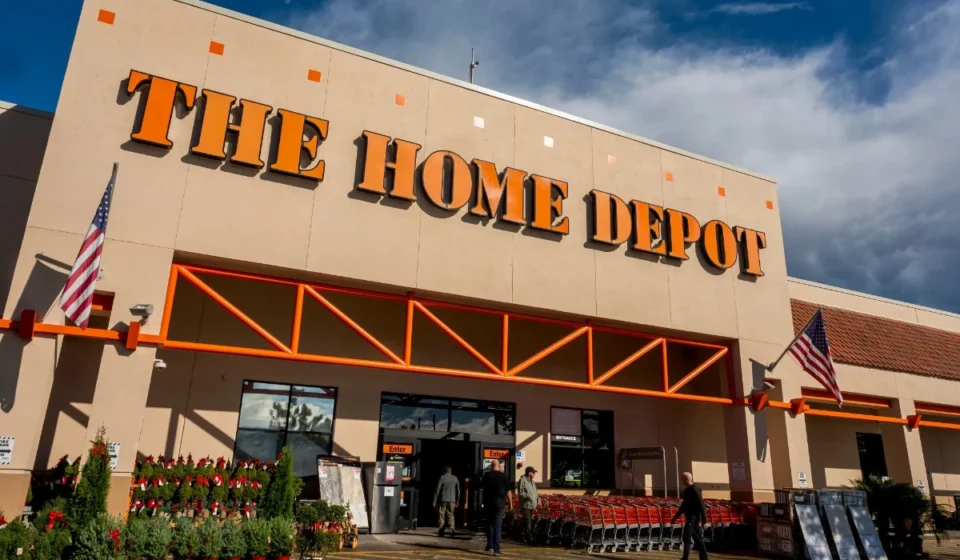 Home Depot Prepares for Q2 Earnings Amid Executive Medical Leave Home Depot store exterior with orange signage, American flags, shoppers and carts under a cloudy sky.