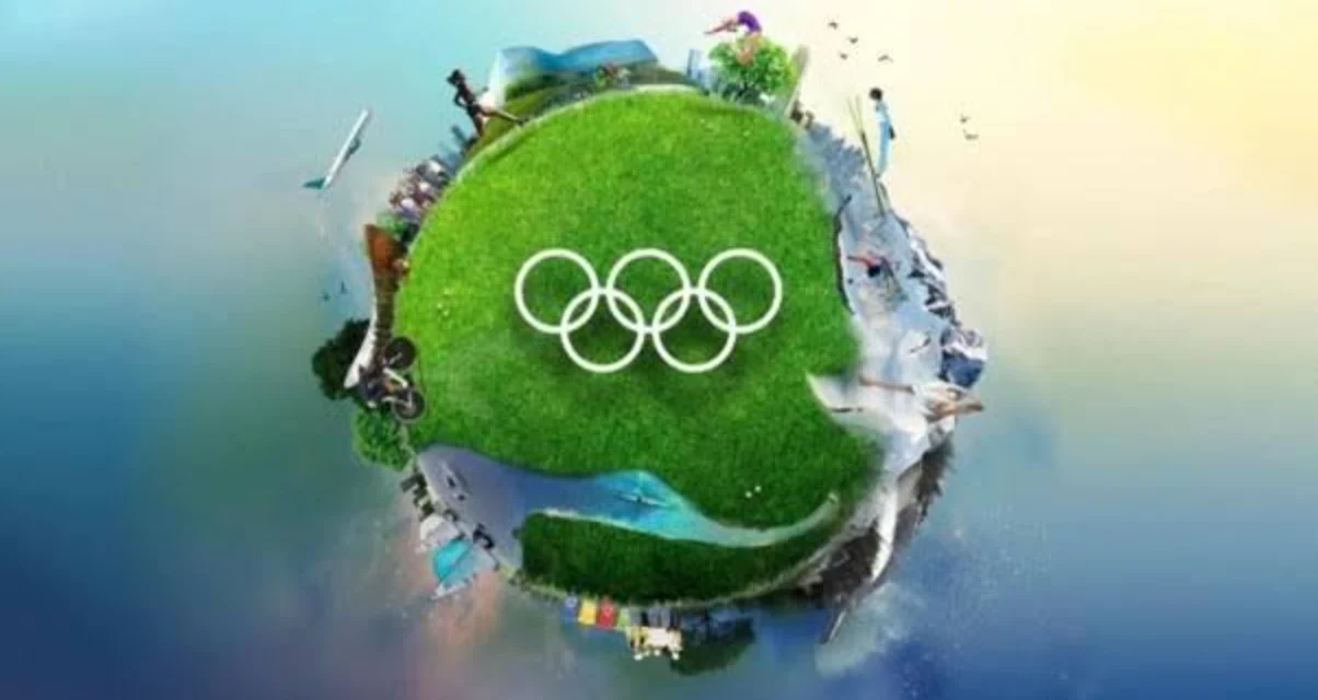 Green Olympic landscape showing Olympic rings, venues, cyclists, and climate resilient elements now.