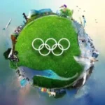 Green Olympic landscape showing Olympic rings, venues, cyclists, and climate resilient elements now.