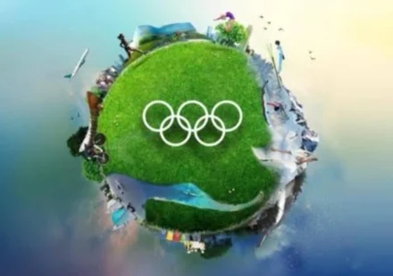 Green Olympic landscape showing Olympic rings, venues, cyclists, and climate resilient elements now.