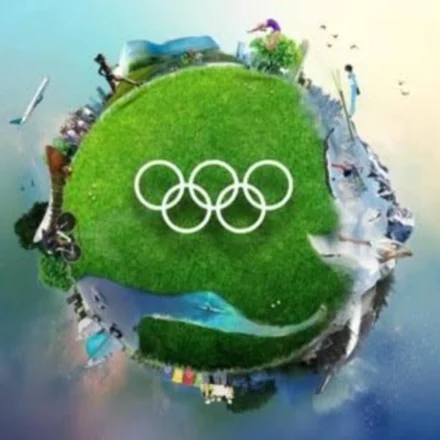 Green Olympic landscape showing Olympic rings, venues, cyclists, and climate resilient elements now.