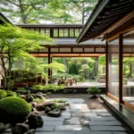 Traditional Japanese style home surrounds a peaceful garden with sustainable, nature focused design.