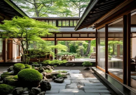 Traditional Japanese style home surrounds a peaceful garden with sustainable, nature focused design.
