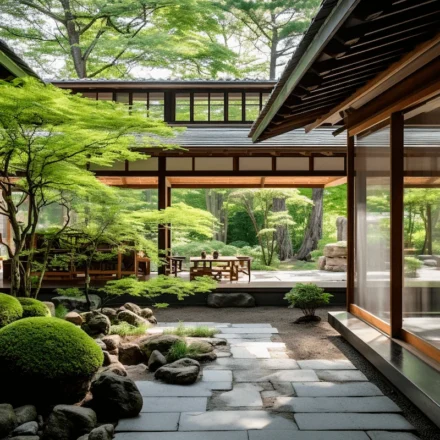 Traditional Japanese style home surrounds a peaceful garden with sustainable, nature focused design.