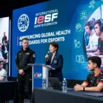 Esports Federation officials announce global health standards as gamers sit at event tables onstage.