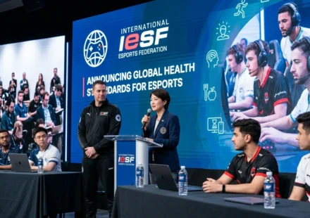 Esports Federation officials announce global health standards as gamers sit at event tables onstage.