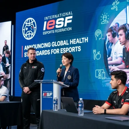 Esports Federation officials announce global health standards as gamers sit at event tables onstage.