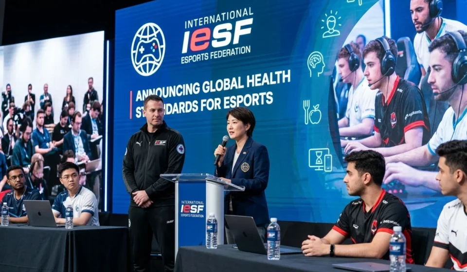 International Esports Federation Mandates Global Health Standards Esports Federation officials announce global health standards as gamers sit at event tables onstage.