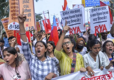 Jharkhand students protest with banners and raised fists during a civil service exam protest rally today