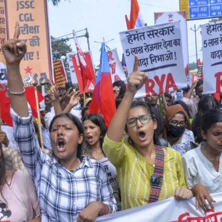 Jharkhand students protest with banners and raised fists during a civil service exam protest rally today