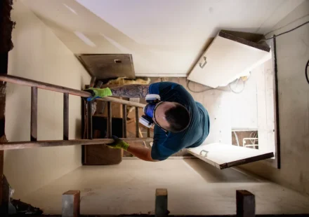Worker climbs an attic ladder inside a home, highlighting risks linked to recalled stairway hardware
