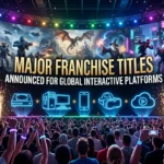 Crowd watches global gaming showcase announcing major franchise titles across platforms worldwide!!!