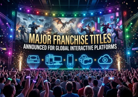 Crowd watches global gaming showcase announcing major franchise titles across platforms worldwide!!!