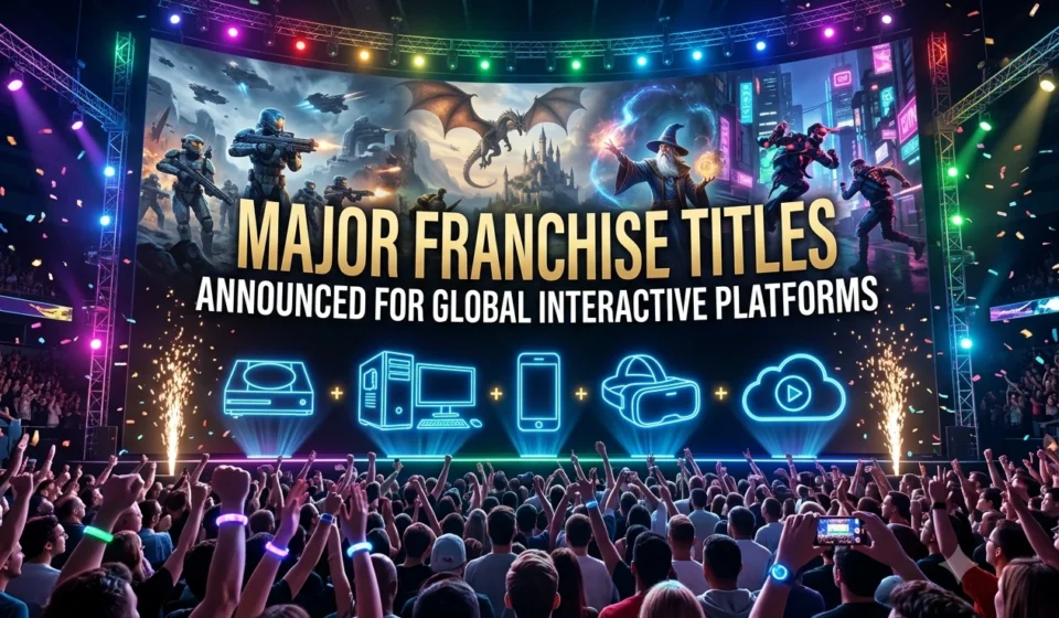 Major Franchise Titles Announced for Global Interactive Platforms Crowd watches global gaming showcase announcing major franchise titles across platforms worldwide!!!