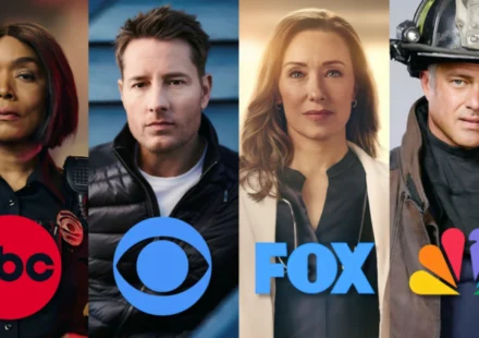TV network actors representing ABC, CBS, FOX and NBC in a promotional image for fall 2026 schedules.