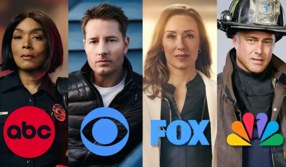 Major Networks Lock In Fall 2026 Broadcast Schedules TV network actors representing ABC, CBS, FOX and NBC in a promotional image for fall 2026 schedules.