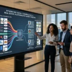 Real estate professionals review social commerce data and targeted property listings on big screen.