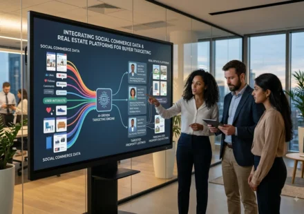 Real estate professionals review social commerce data and targeted property listings on big screen.