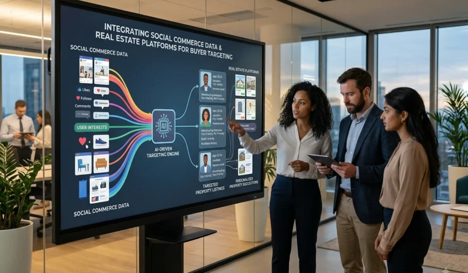 Major Real Estate Platforms Integrate Social Commerce Data for Buyer Targeting Real estate professionals review social commerce data and targeted property listings on big screen.