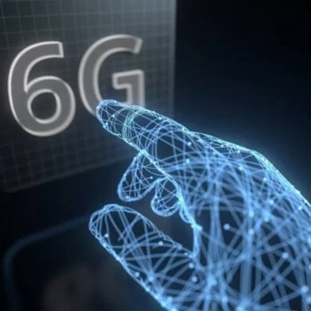 Futuristic AI hand reaching toward a glowing 6G display, representing future 6G mobile network tech.