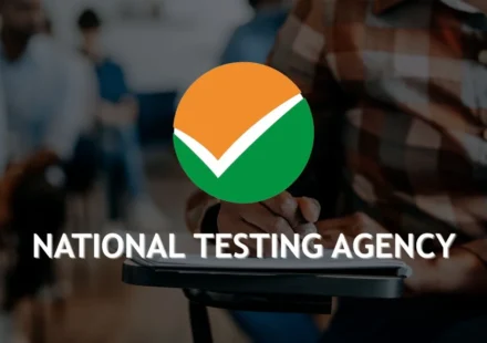 National Testing Agency logo over students taking a computer based entrance examination in India now