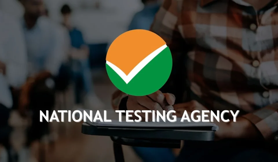 National Testing Agency Orders Entrance Exam Re-Tests Over Errors National Testing Agency logo over students taking a computer based entrance examination in India now