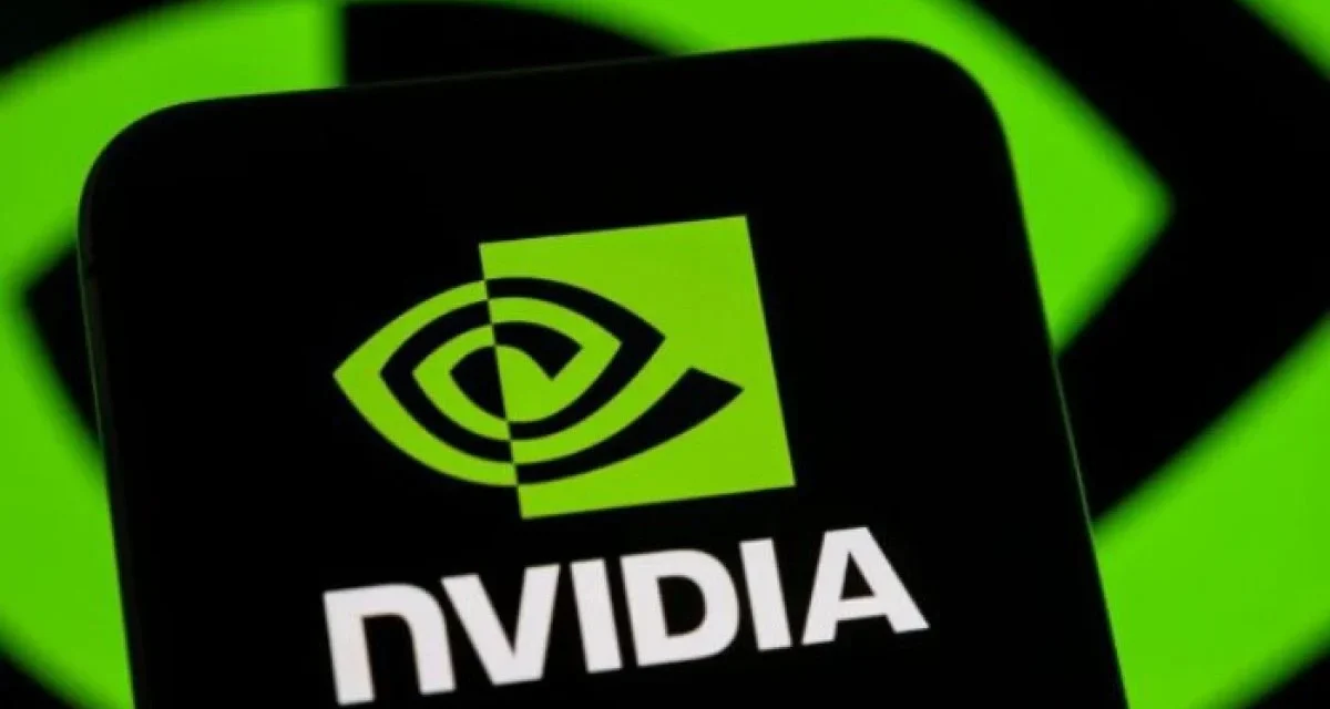 Nvidia logo displayed on a black card against a vivid green background, symbolizing AI technology.