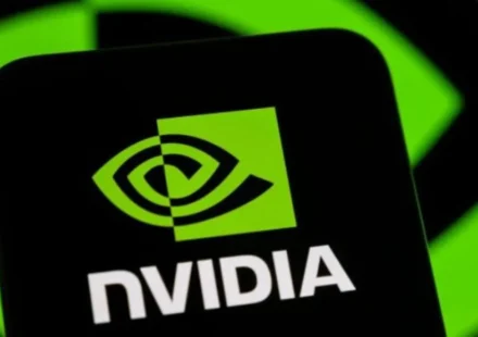 Nvidia logo displayed on a black card against a vivid green background, symbolizing AI technology.