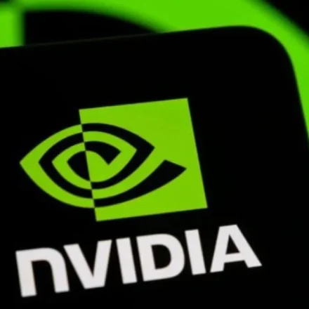 Nvidia logo displayed on a black card against a vivid green background, symbolizing AI technology.