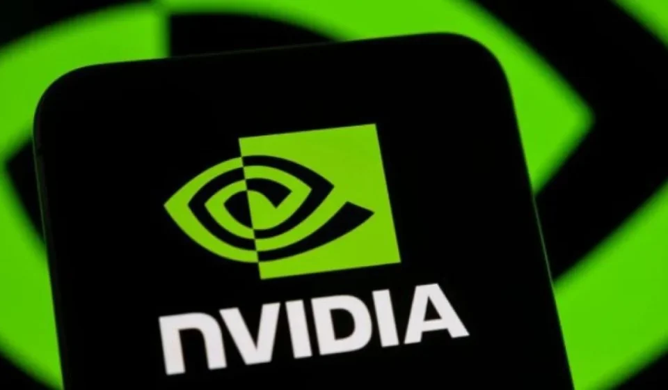 Nvidia Partners with Financial Firms on $500B AI Initiative Nvidia logo displayed on a black card against a vivid green background, symbolizing AI technology.