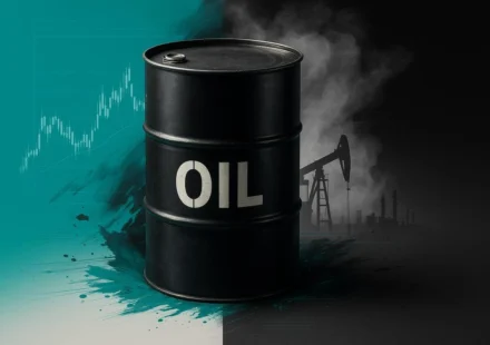 Black oil barrel, price chart, pumpjack and smoke symbolizing rising crude prices amid Iran tensions