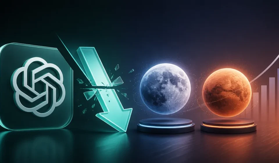 Illustration of OpenAI logo, falling prices for Luna and Terra AI models with rising growth chart up