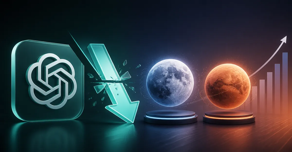 Illustration of OpenAI logo, falling prices for Luna and Terra AI models with rising growth chart up