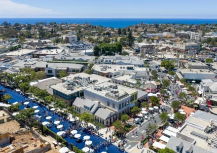 Aerial view of Palisades Village with shops, streets, crowds, and the Pacific Ocean in the distance.