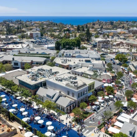 Aerial view of Palisades Village with shops, streets, crowds, and the Pacific Ocean in the distance.