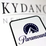 Paramount logo displayed on a device screen with the Skydance name blurred in the background.