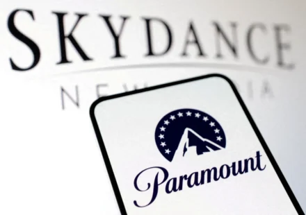 Paramount logo displayed on a device screen with the Skydance name blurred in the background.