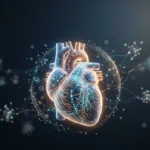 Glowing digital illustration of a human heart mapped with cellular data networks and light nodes