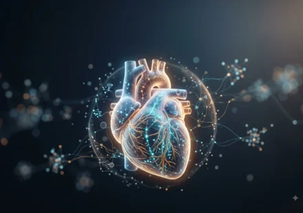 Glowing digital illustration of a human heart mapped with cellular data networks and light nodes