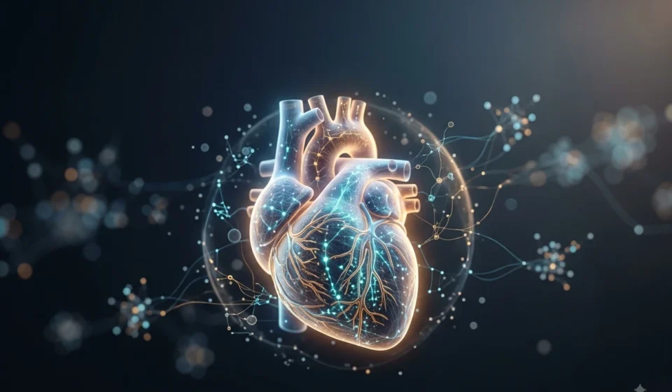 QIMR Berghofer Unveils Landmark Global Cellular “Heart Atlas” Glowing digital illustration of a human heart mapped with cellular data networks and light nodes
