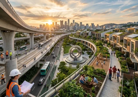 Sustainable city with modern transit, green homes, parks, and residents improving shared community spaces.