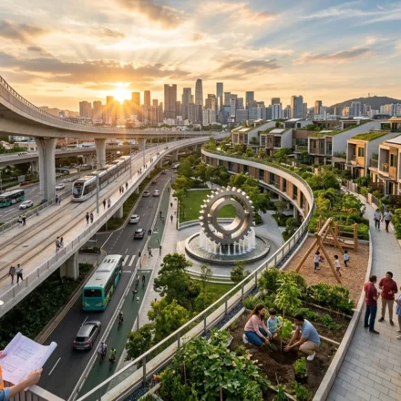 Sustainable city with modern transit, green homes, parks, and residents improving shared community spaces.