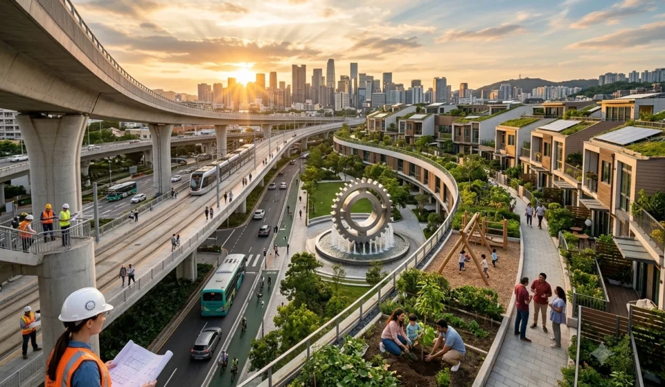 Sustainable city with modern transit, green homes, parks, and residents improving shared community spaces.