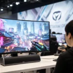 Gamer plays a futuristic shooter on a large monitor at a gaming event with strong audio gear nearby.