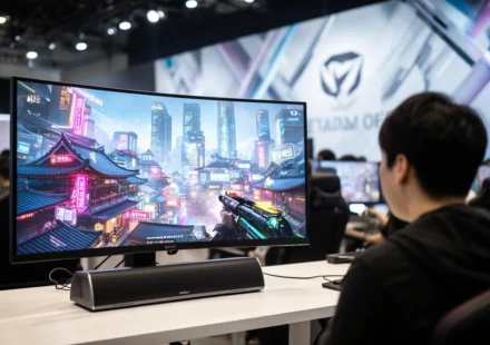 Gamer plays a futuristic shooter on a large monitor at a gaming event with strong audio gear nearby.