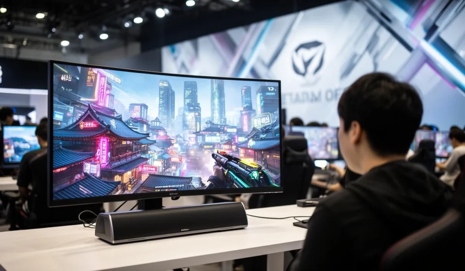 Gamer plays a futuristic shooter on a large monitor at a gaming event with strong audio gear nearby.